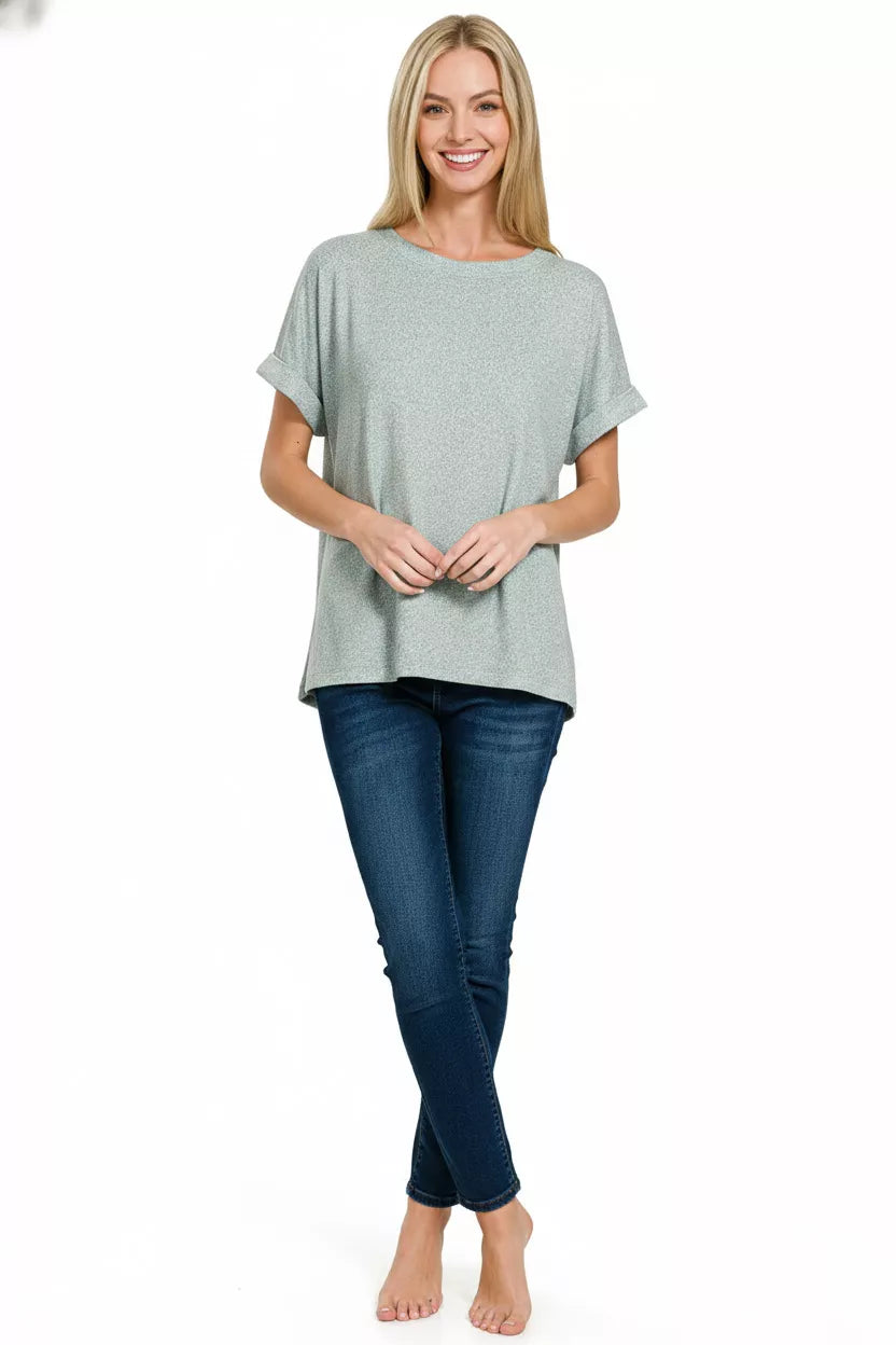 Melange hacci knit boxy short sleeve round neck top