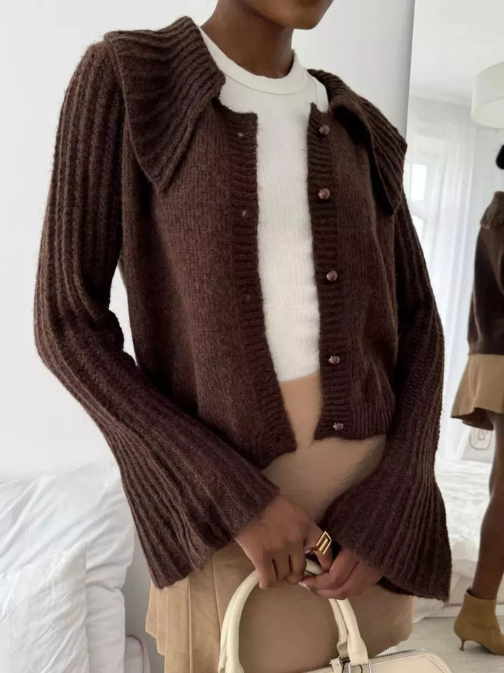 Ribbed knit cardigan with oversized collar and bell sleeves
