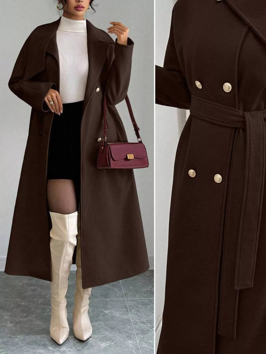 Double-breasted belted longline coat with stand collar