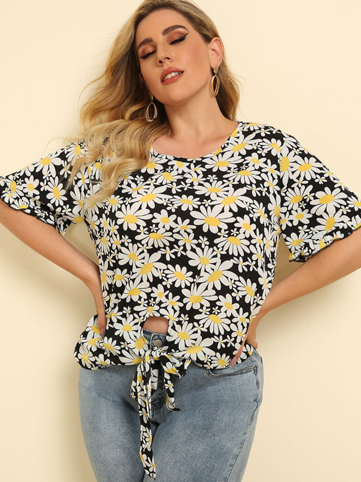 Plus size floral tie-hem blouse with flutter sleeves