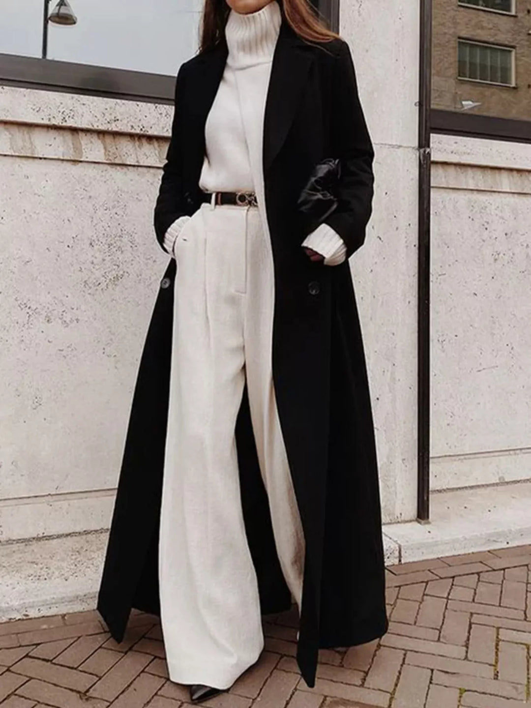 Double-breasted longline coat with notched lapels