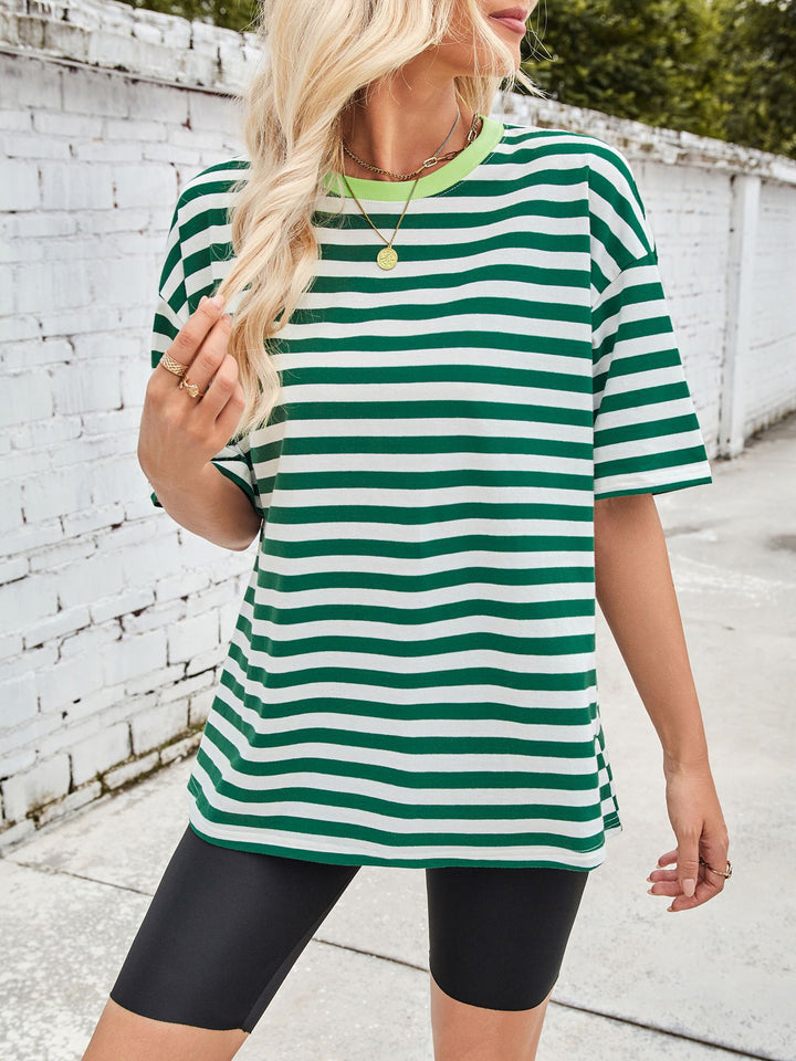 Oversized striped tee with contrast ribbed crew neck