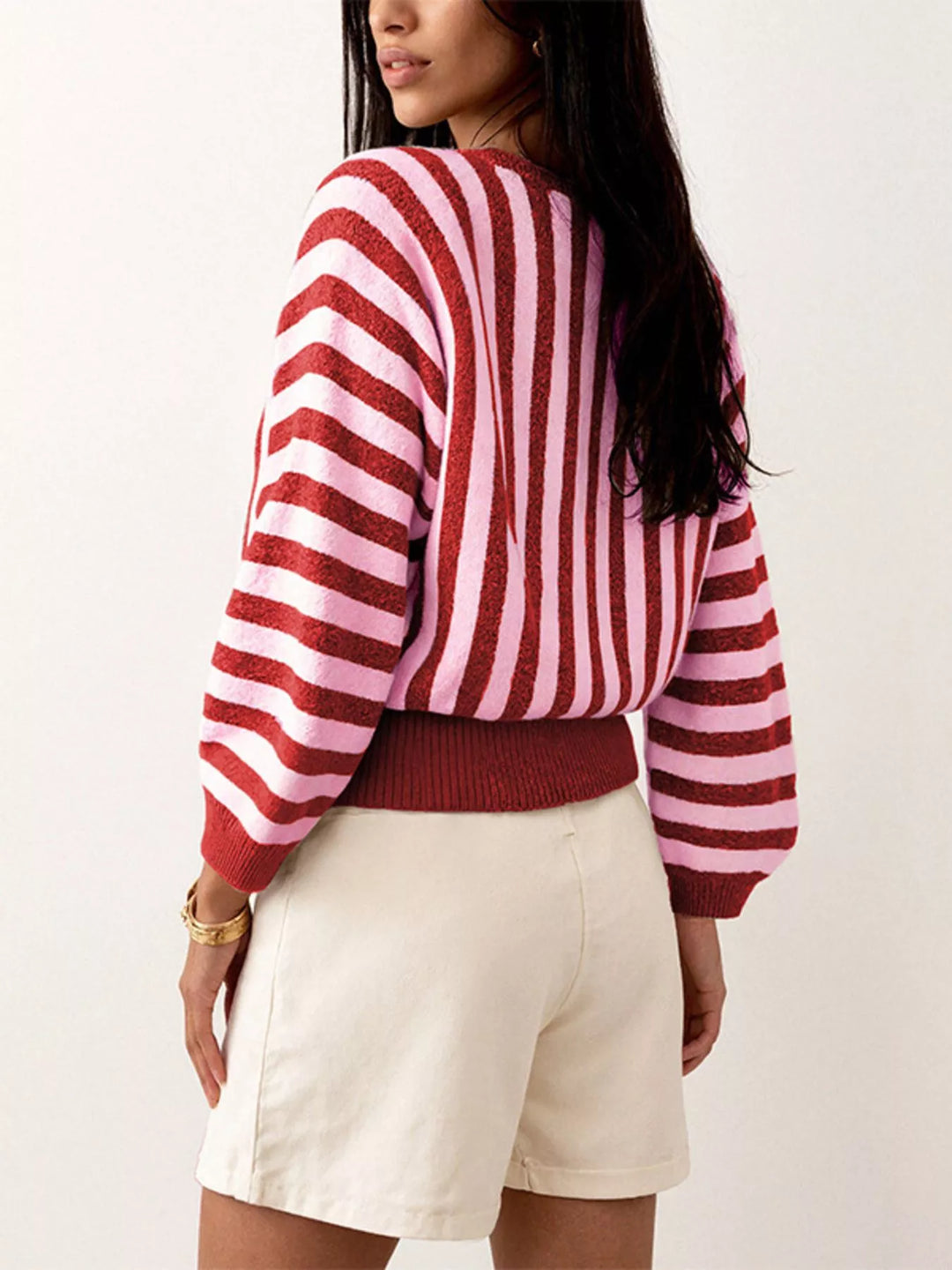 Deep Red Vertical stripe crew neck sweater with ribbed hem