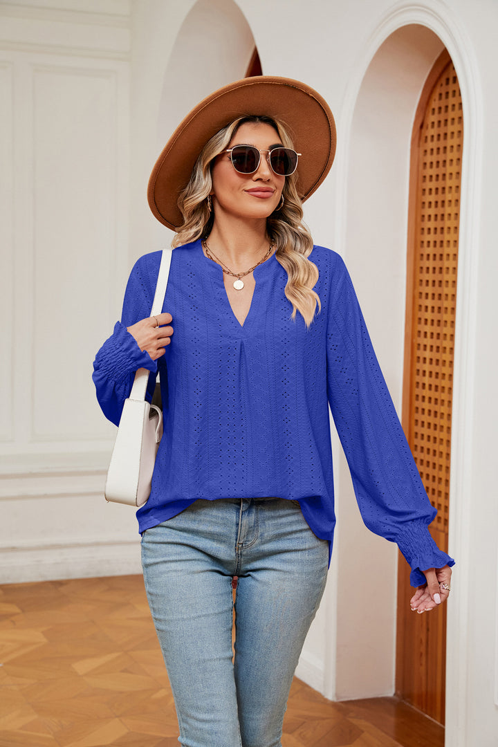 Royal  Blue Eyelet notched-neck blouse with flounce sleeves