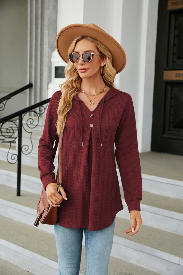 Wine Cable knit hooded top with tie neck and button placket