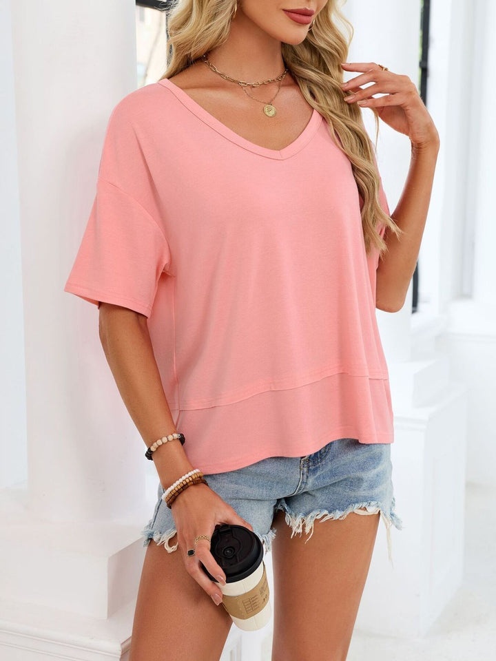 Relaxed-fit V-neck short sleeve tee with raw hem