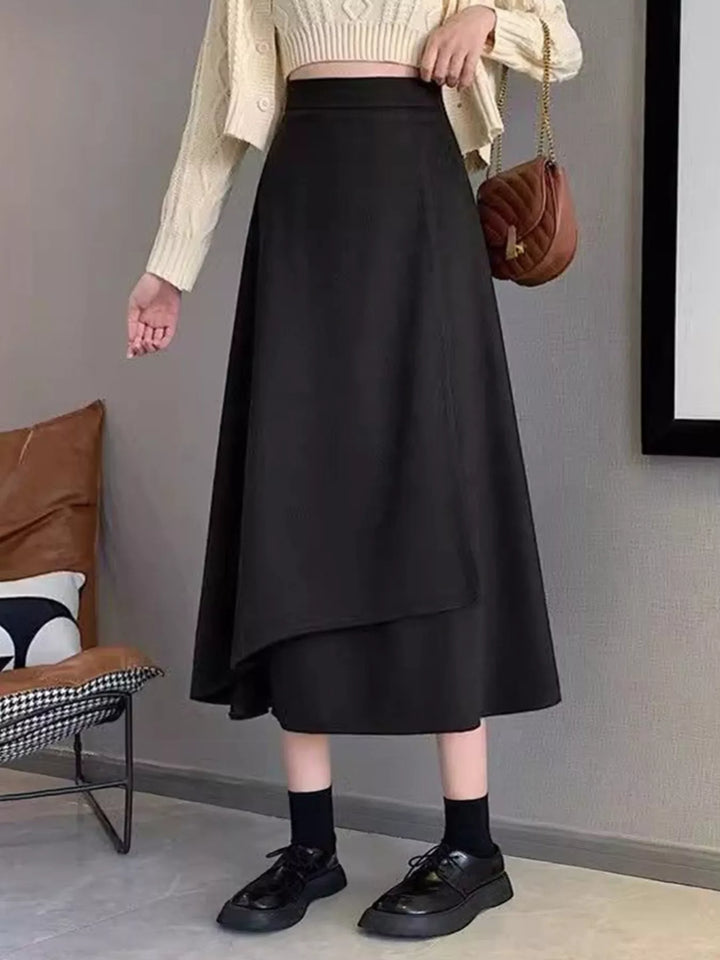 Black Asymmetrical layered hem high-waist A-line midi skirt