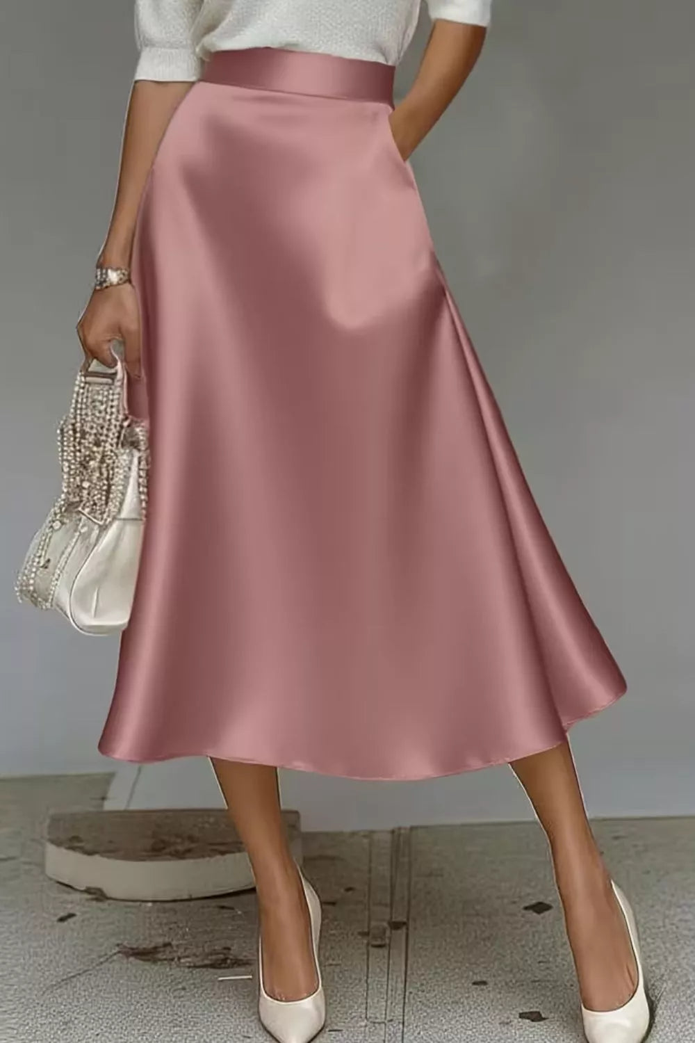Dusty Pink High-waist satin A-line midi skirt with pockets