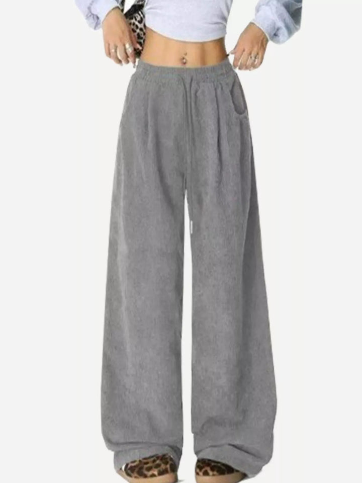 Gray Corduroy wide-leg pants with drawstring waist