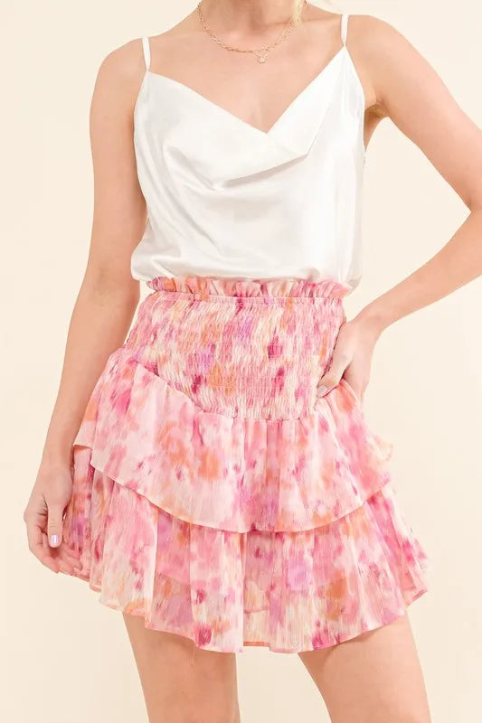 Lurex print tiered smocked waist mini skort