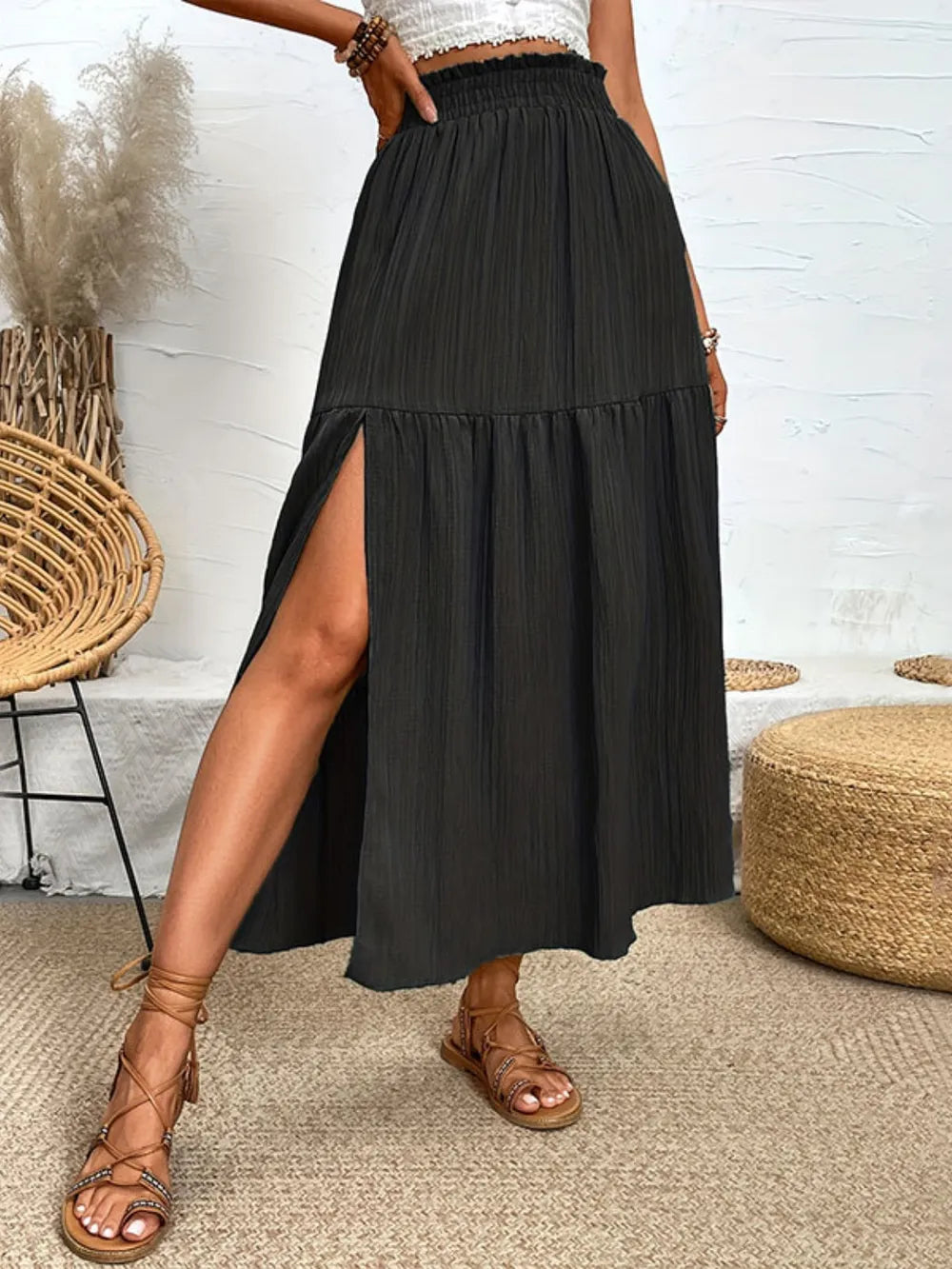 Tiered crinkle midi skirt with smocked waist and front slit