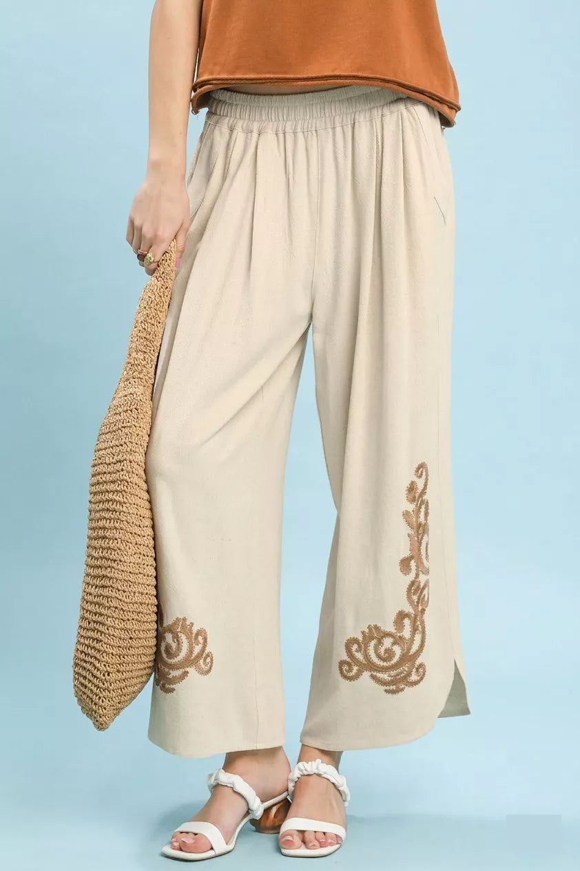 OATMEAL Embroidered wide-leg linen pants with elastic waist