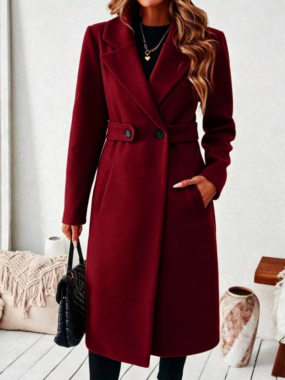 Red Notched lapel belted longline coat with side pockets
