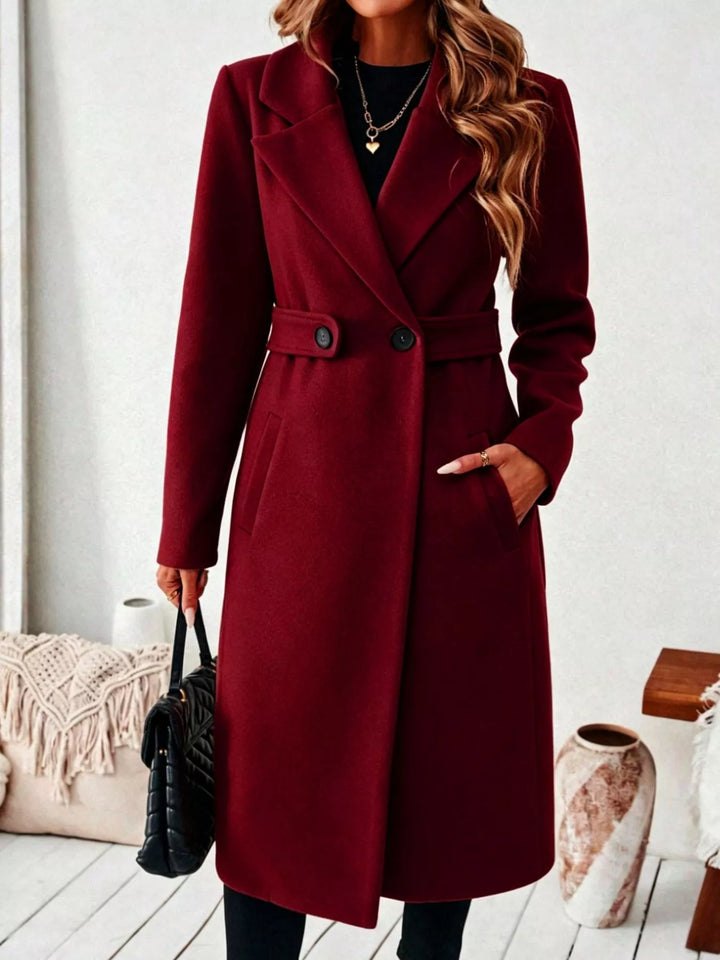 Red Notched lapel belted longline coat with side pockets