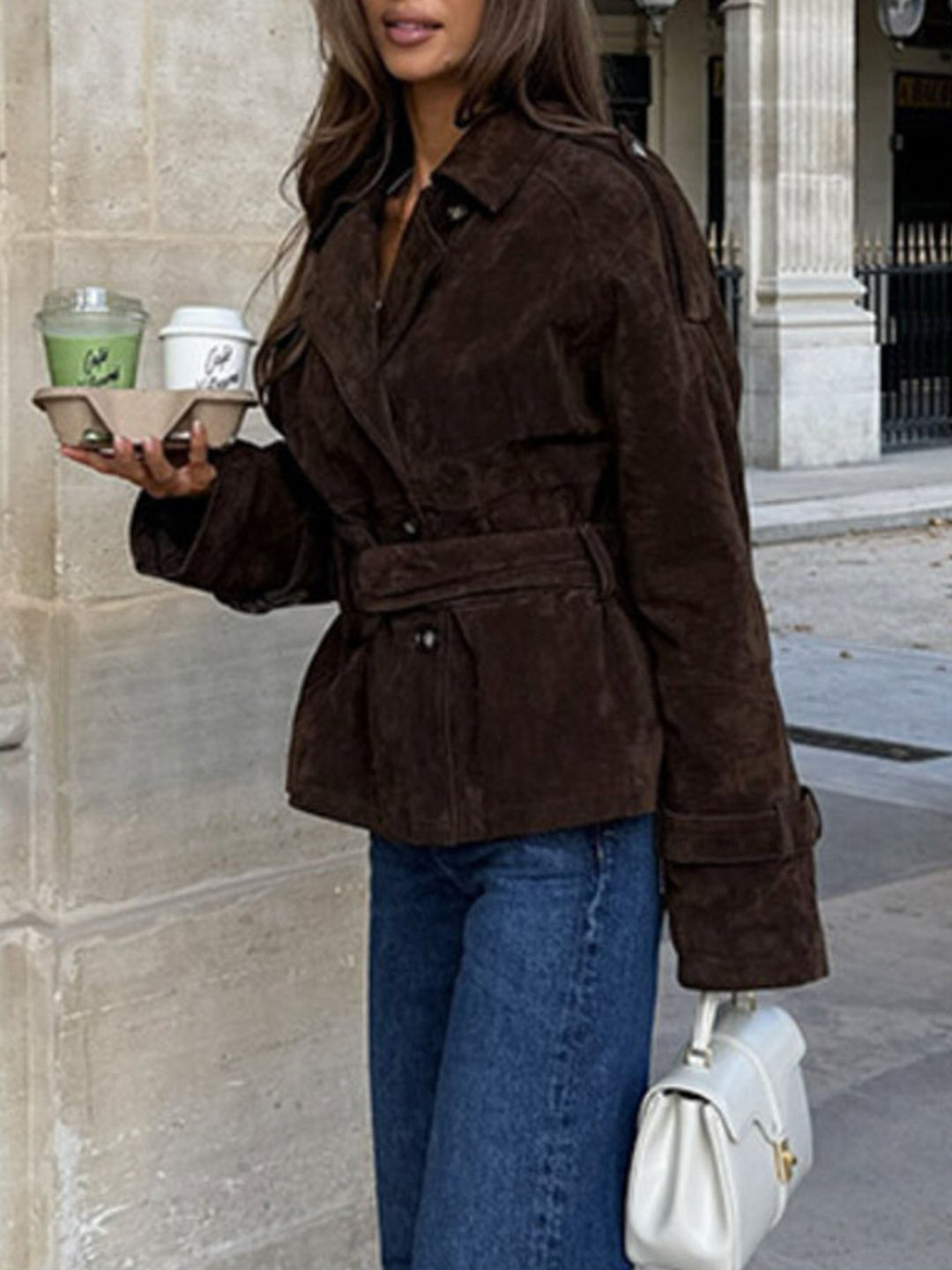 Suede-look tie-waist cropped jacket with lapel collar