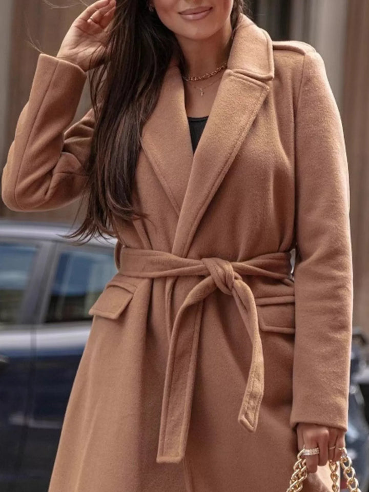 Tie-waist longline coat with notched lapels and pockets
