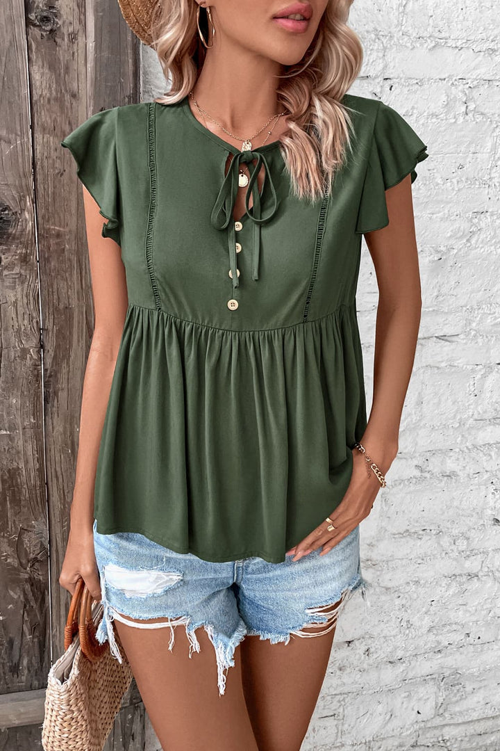 Buttoned tie-neck flutter sleeve babydoll top