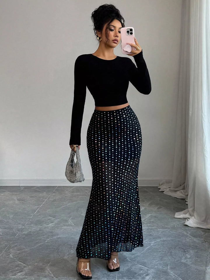 Sheer mesh iridescent polka dot maxi skirt