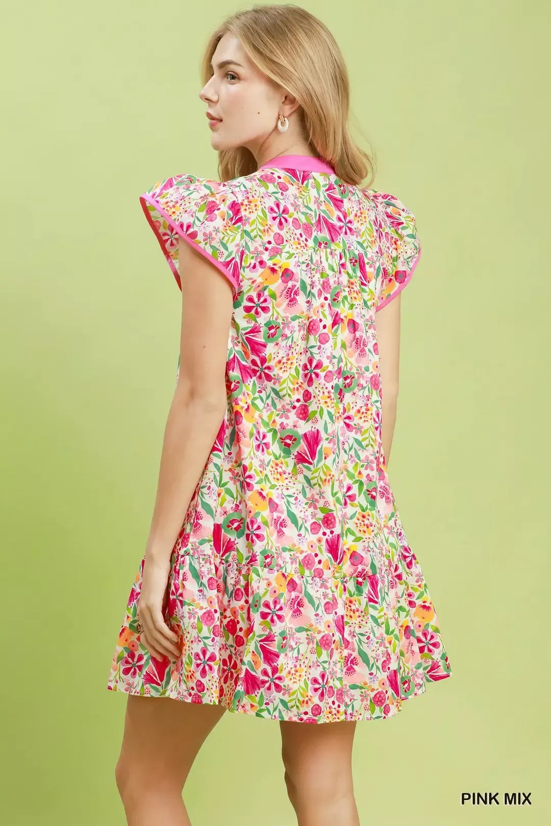Floral flutter sleeve tiered mini dress with pockets