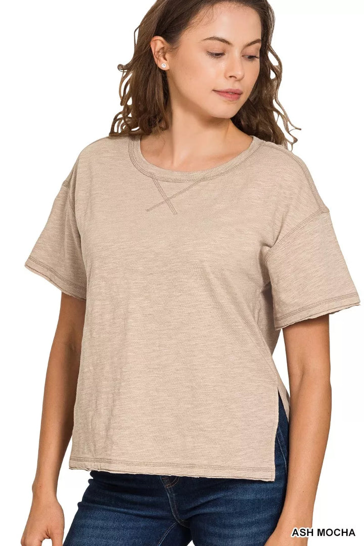 Relaxed drop-shoulder cotton slub crew neck tee