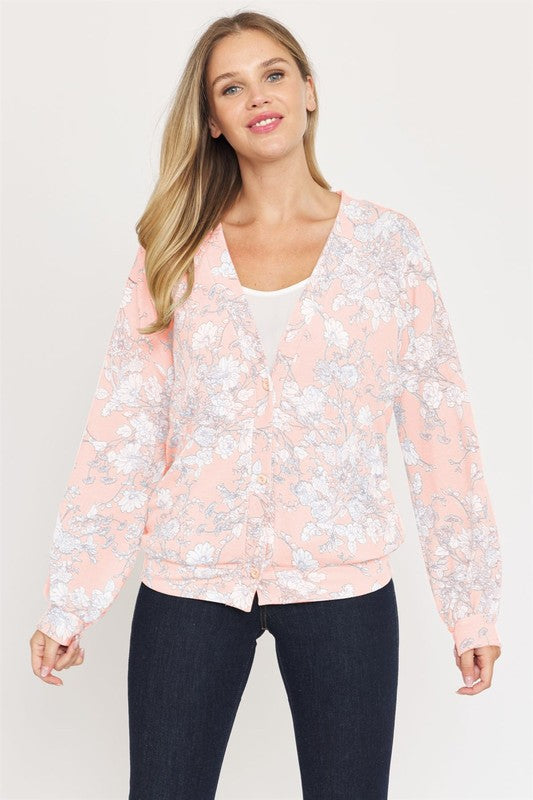 Floral Button Drop Shoulder Cardigan