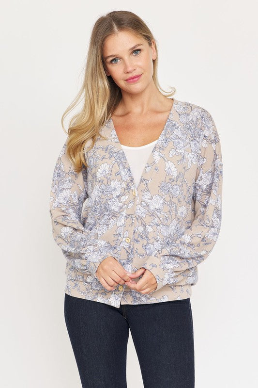 Floral Button Drop Shoulder Cardigan