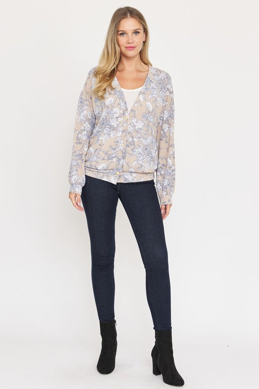 Floral Button Drop Shoulder Cardigan