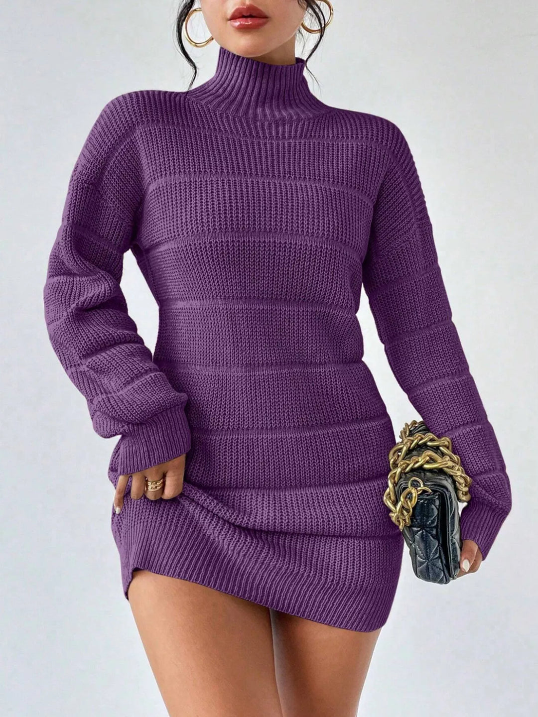 Purple Ribbed turtleneck knit sweater mini dress with drop shoulders