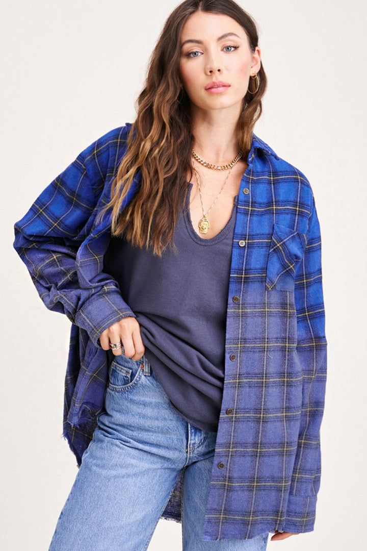 Kayla Vintage Plaid Button-Up Shirt With Raw Cut Hem