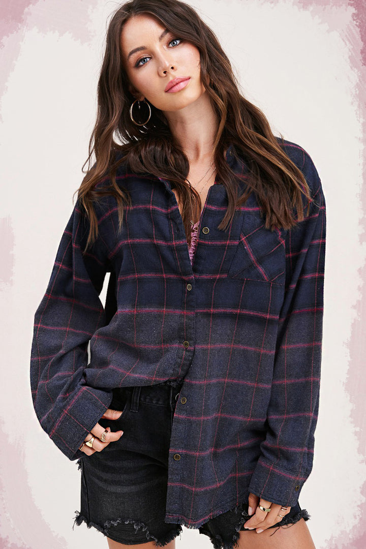 Kayla Vintage Plaid Button-Up Shirt With Raw Cut Hem