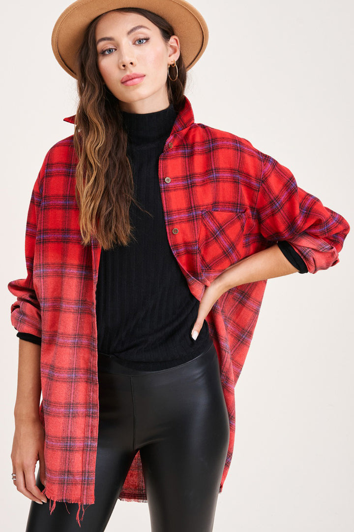 Kayla Vintage Plaid Button-Up Shirt With Raw Cut Hem