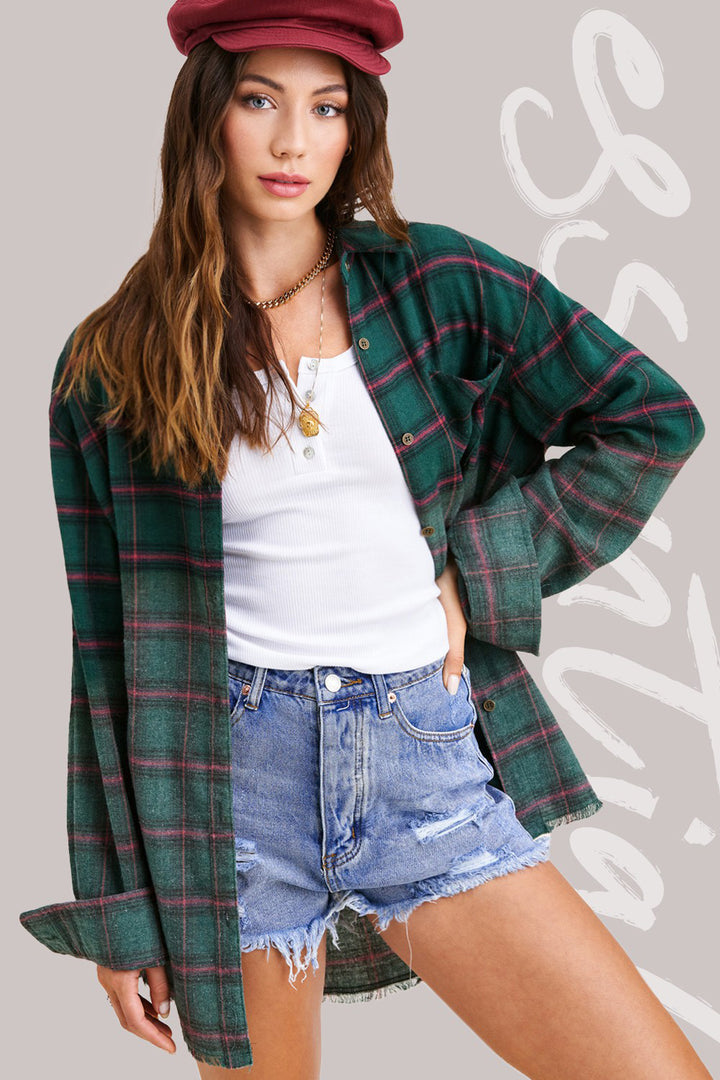 Kayla Vintage Plaid Button-Up Shirt With Raw Cut Hem