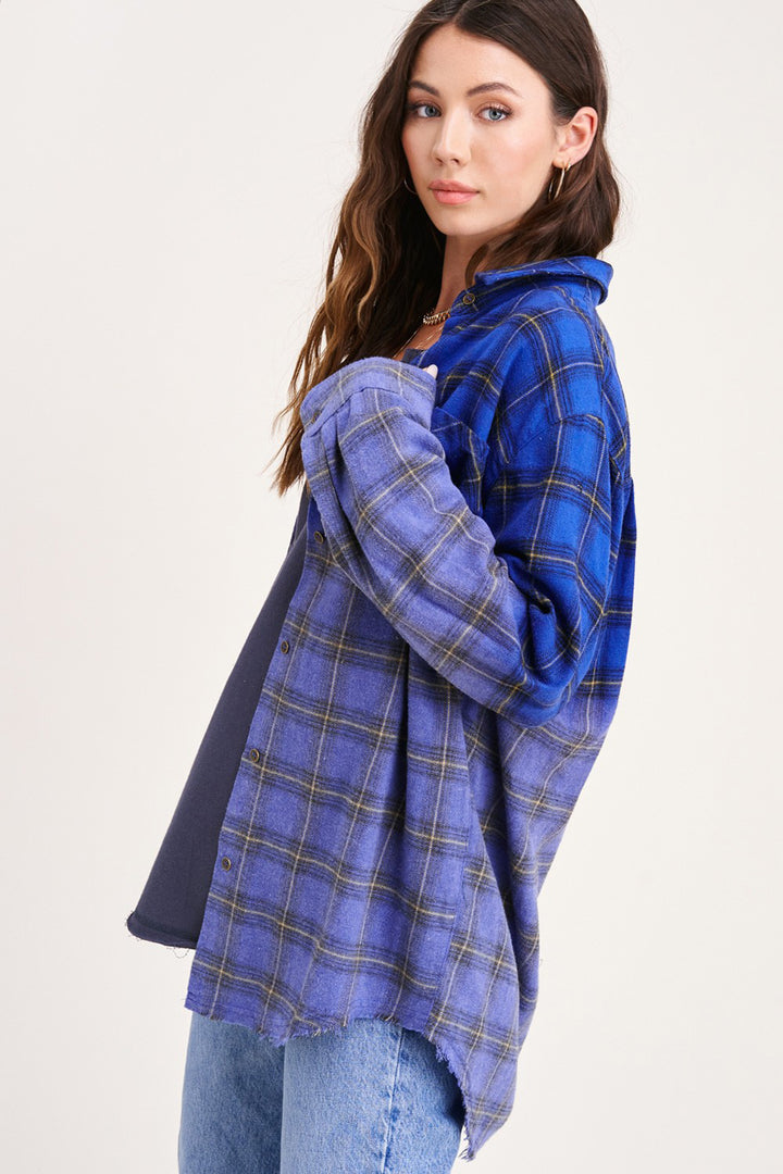 Kayla Vintage Plaid Button-Up Shirt With Raw Cut Hem