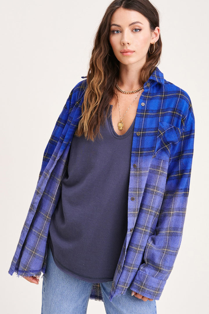 Kayla Vintage Plaid Button-Up Shirt With Raw Cut Hem