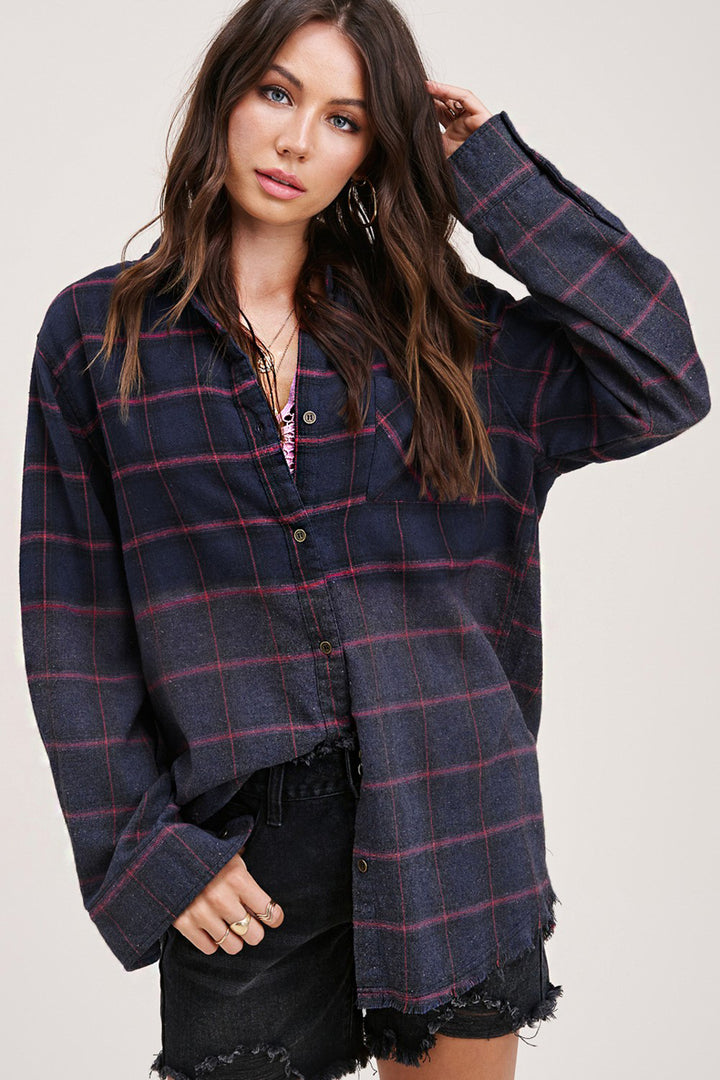 Kayla Vintage Plaid Button-Up Shirt With Raw Cut Hem