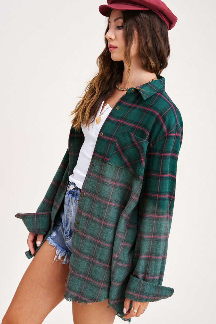 Kayla Vintage Plaid Button-Up Shirt With Raw Cut Hem