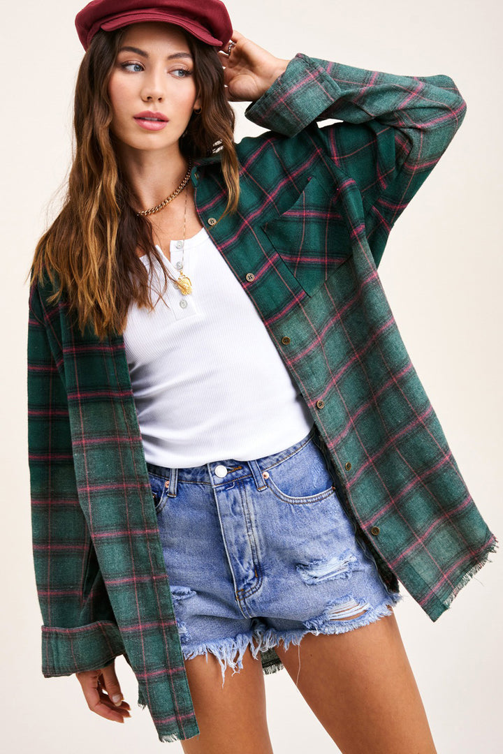 Kayla Vintage Plaid Button-Up Shirt With Raw Cut Hem