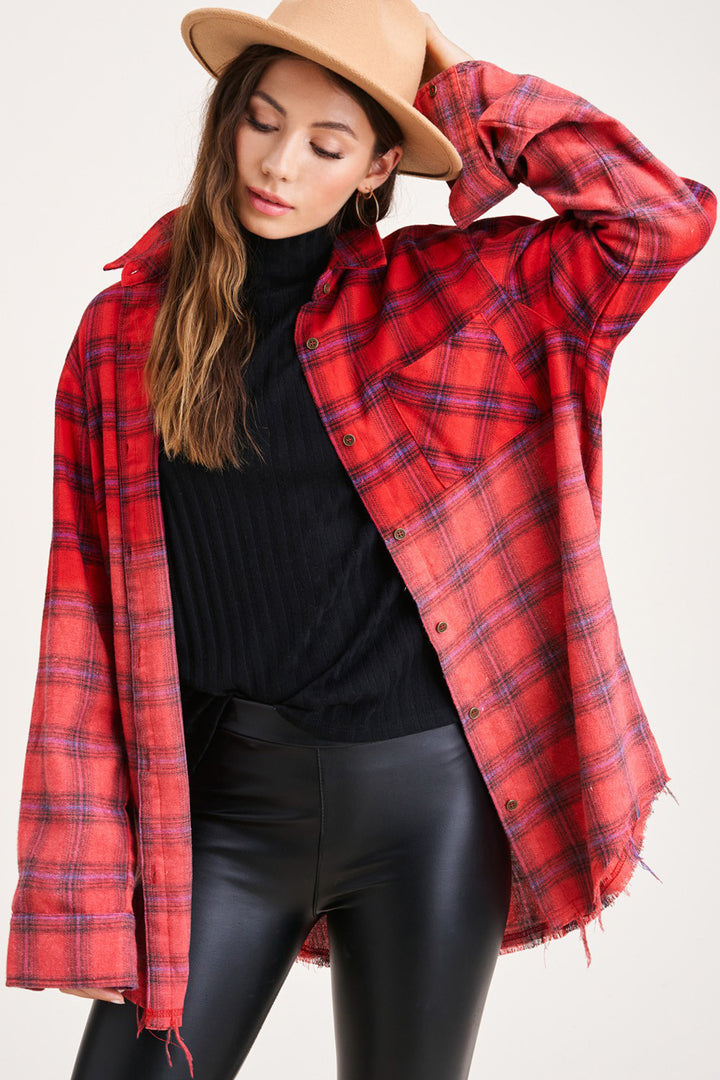Kayla Vintage Plaid Button-Up Shirt With Raw Cut Hem