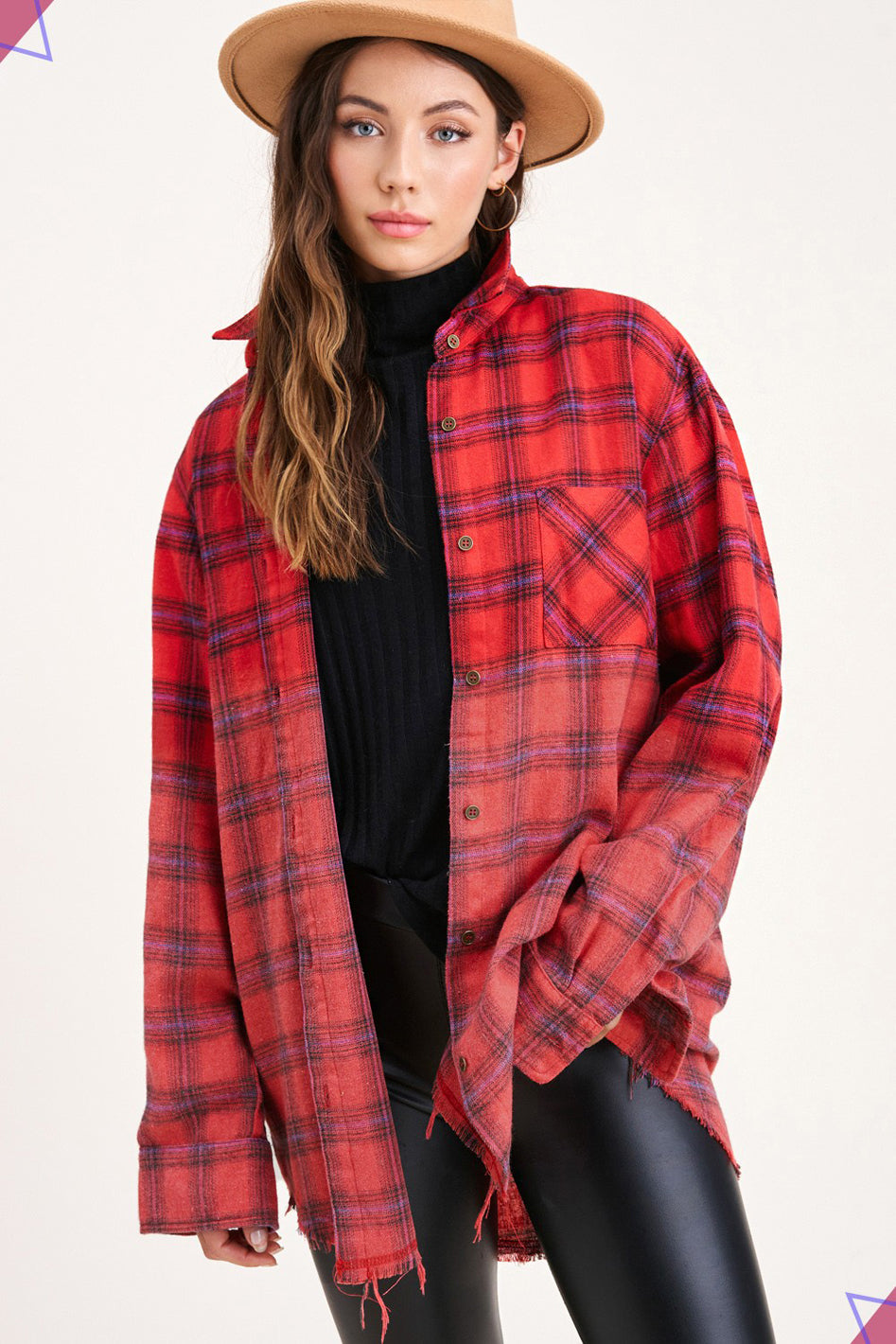 Kayla Vintage Plaid Button-Up Shirt With Raw Cut Hem