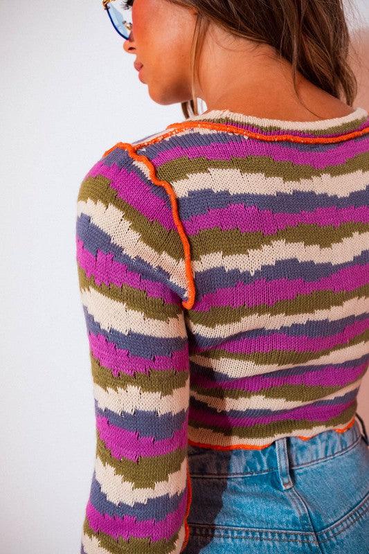 Striped Long Sleeve Crop Knit Top - Azoroh