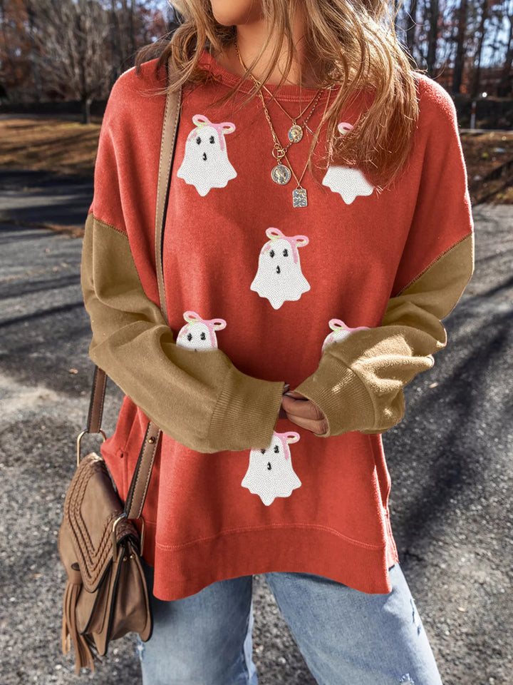Sequin ghost patch color block crewneck sweatshirt