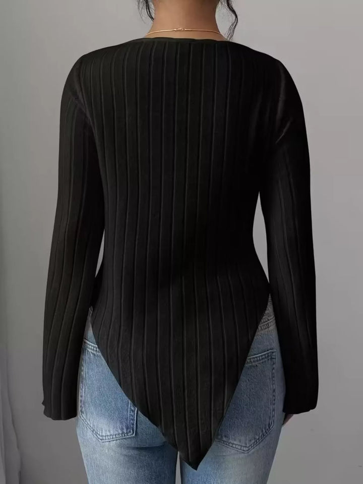 Ribbed knit top with asymmetric hem and flared sleeves