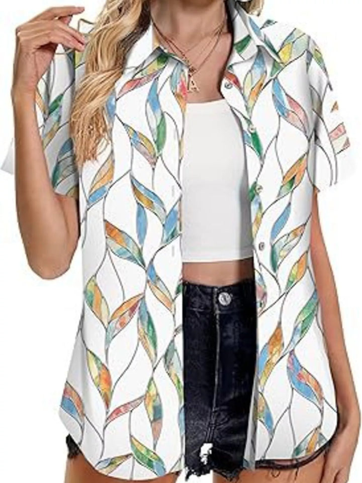 White Tropical hibiscus print short sleeve button-up shirt