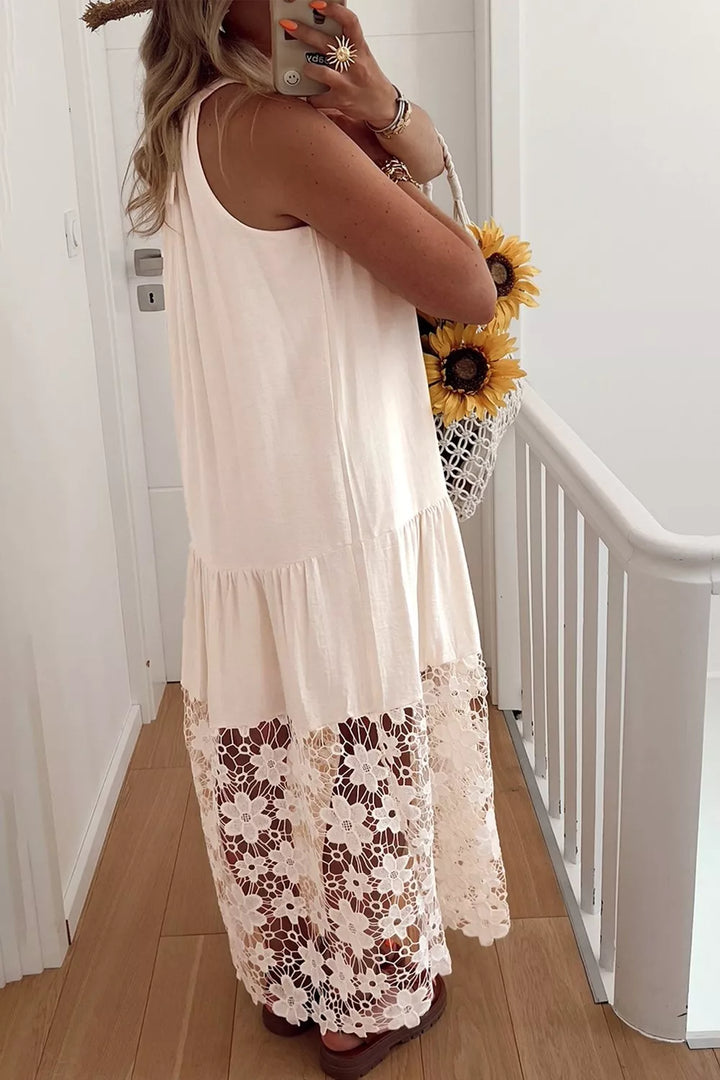 Tiered halter maxi dress with floral lace hem