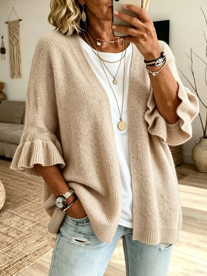 Cream Ruffle bell sleeve open-front knit cardigan
