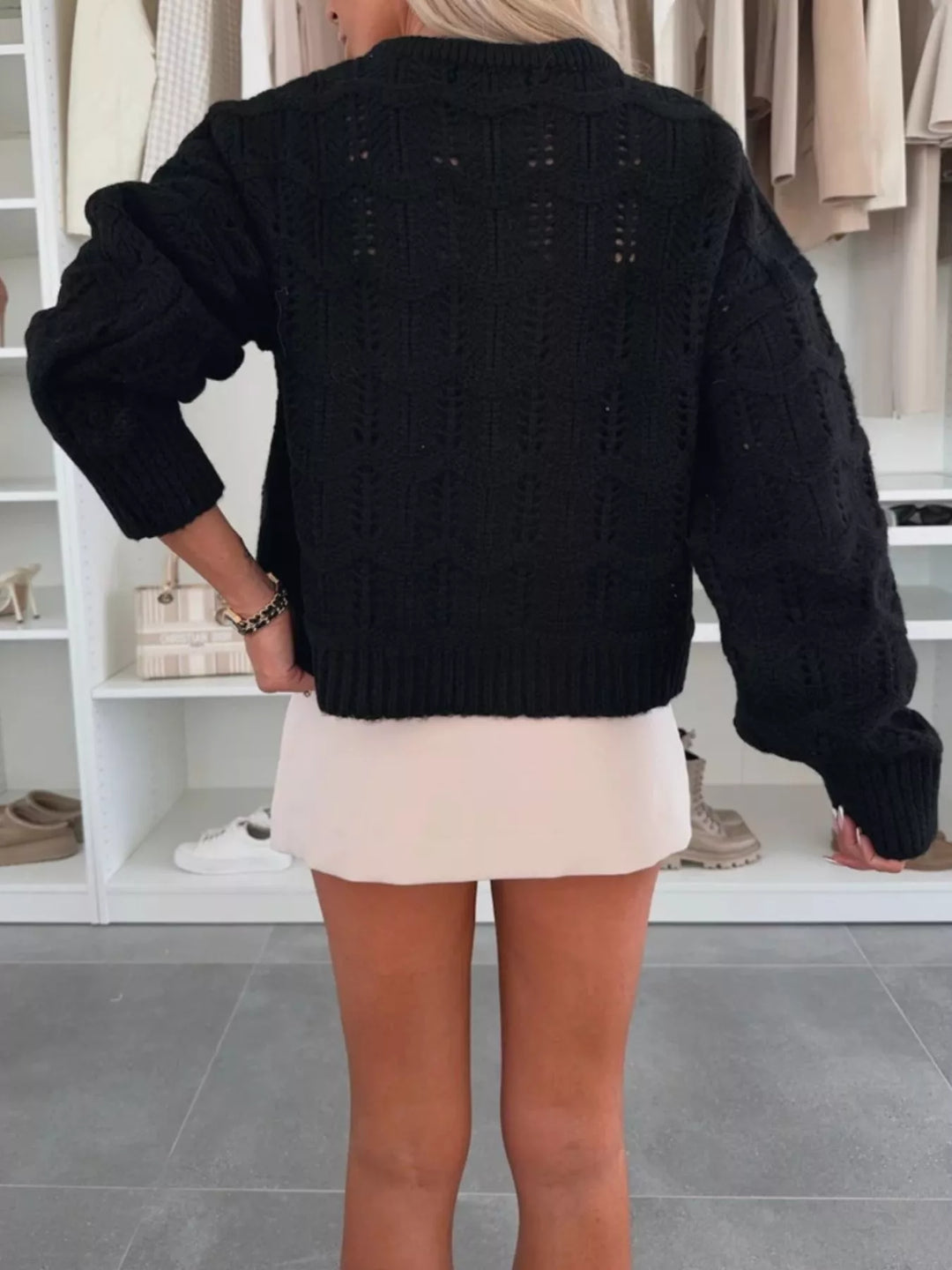 Openwork pointelle knit round neck sweater