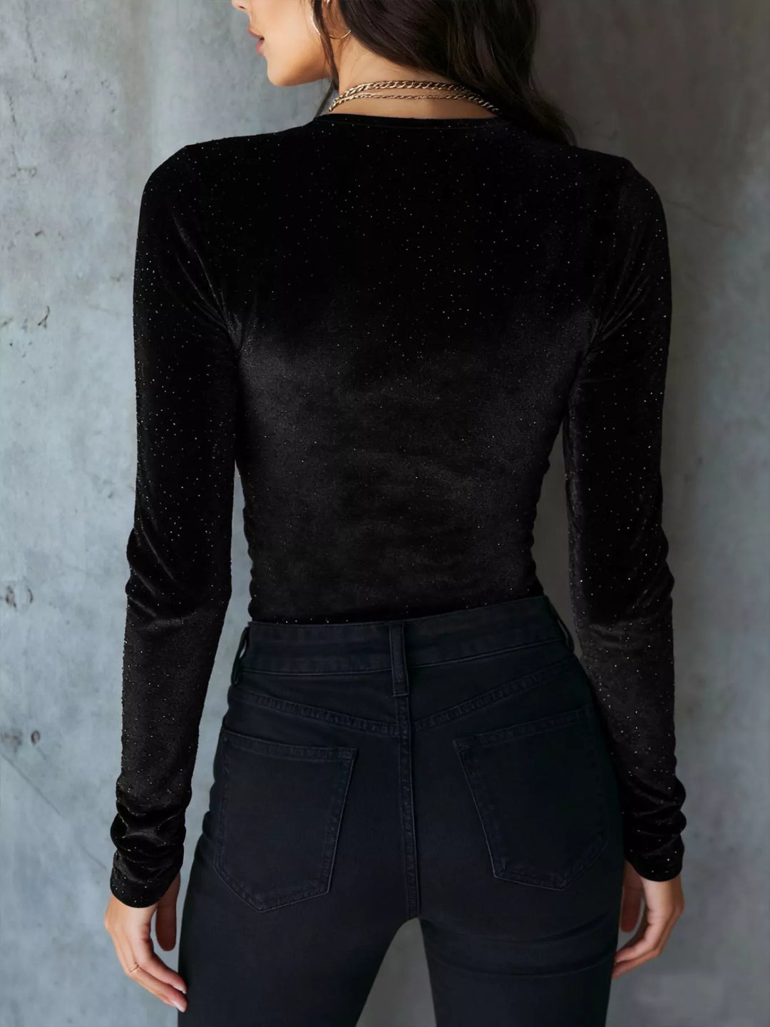 Glitter velvet ruched sweetheart-neck long sleeve top