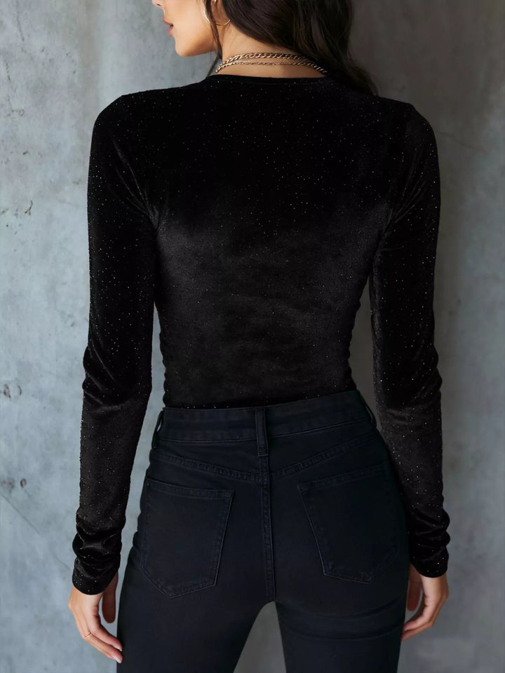 Glitter velvet ruched sweetheart-neck long sleeve top