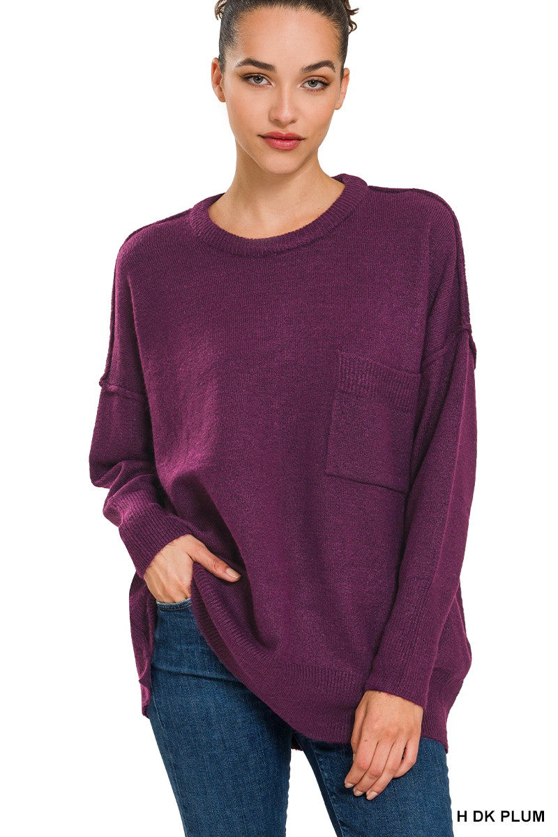 Melange Hi-Low Hem Pocket Sweater - Azoroh