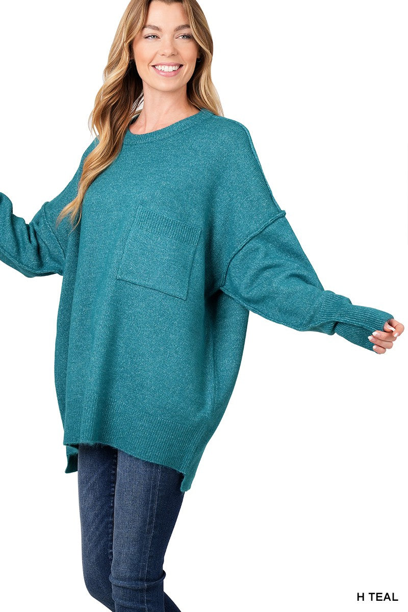 Melange Hi-Low Hem Pocket Sweater - Azoroh